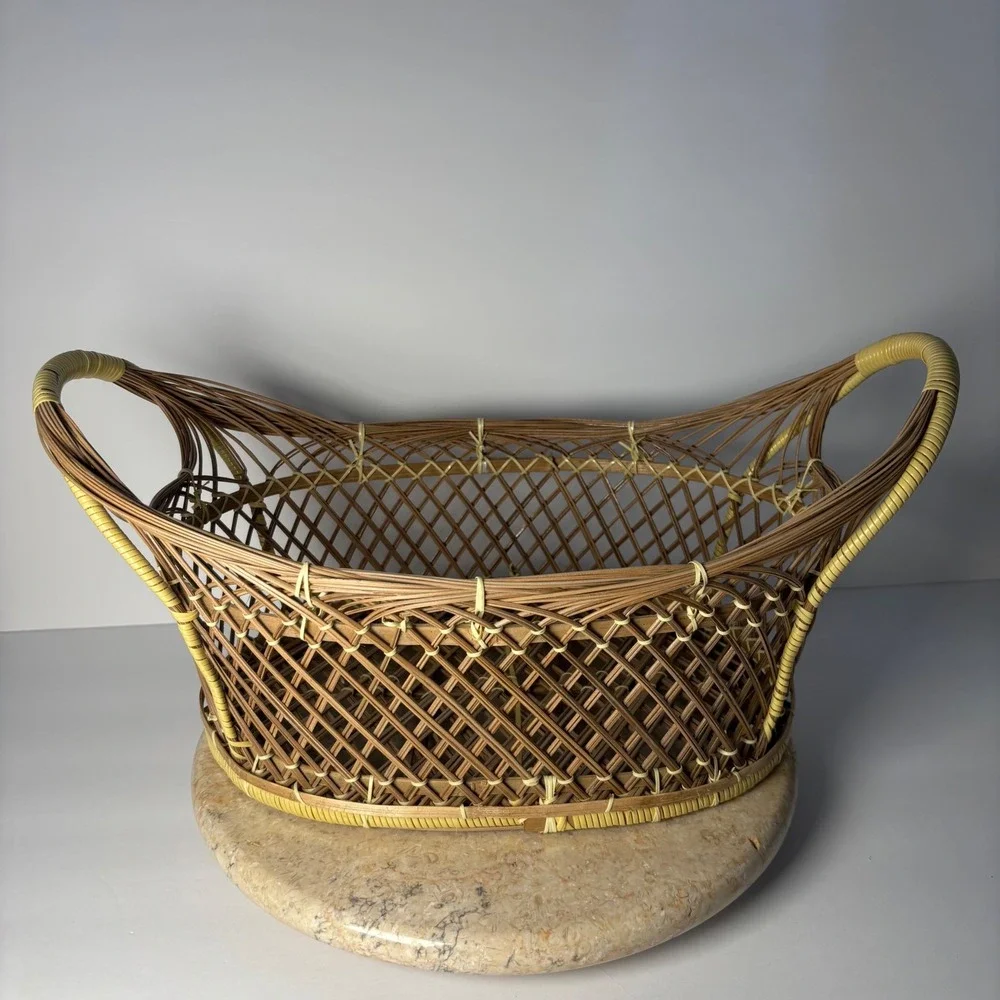 Vintage Wicker Rattan Bread Basket Medium Brown Yellow Boho Lattice Weave